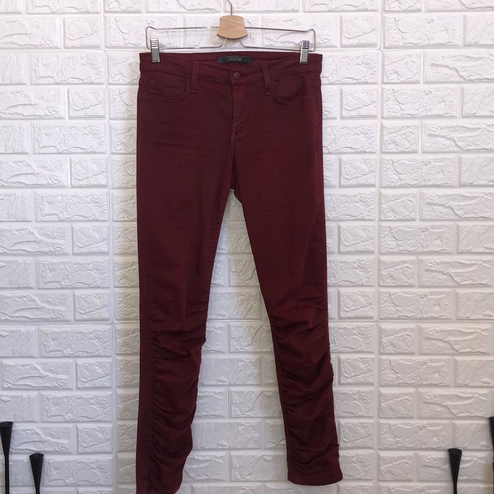 Joe’s ruched burgundy skinny ankle jeans